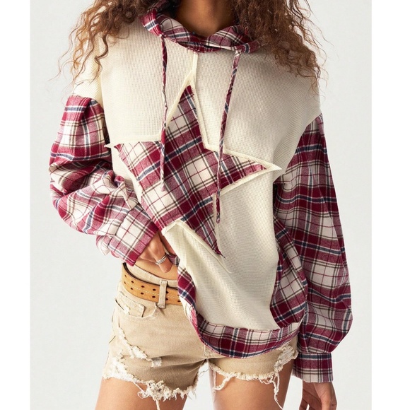 Boho Plaid Star Hoodie Loose Fit Drawstring Top - Picture 3 of 6